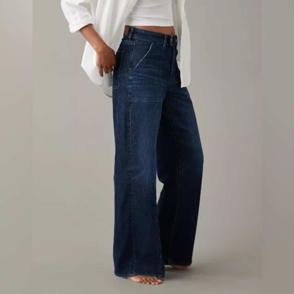 American Eagle Super High Rise Baggy Wide Leg Blue Jeans Size 12 - Picture 2 of 13